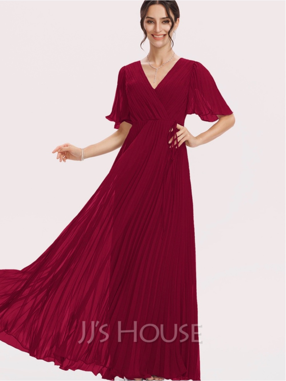 JJs House Wine Red V-Neck Pleated Maxi Dress Bridesmaid